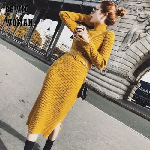 2019 3 Colors Can Choose Knitted Women Dress With Belt Autumn Warm Slim Female Dresses