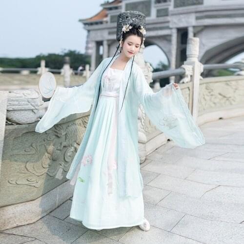Face-to-face waist Ru skirt Hanfu womens heavy industry embroidery lotus light green large sleeve shirt set summer