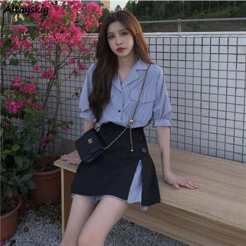 Sets Women Turn-down Collar Striped Single Breasted Dresses Mini Skirts Summer Korean Style Elegant All-match New Arrival Trendy