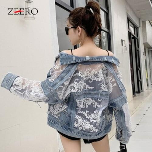 New Chaquetas Mujer Long Sleeve Loose Denim Coats Women Embroidery Jeans Coat Oversize Fashion Patchwork Perspective Mesh Jacket