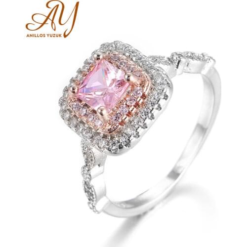 Genuine 925 Sterling Silver Rings For Women Elegant Square Cut Cubic Pink Zirconia Wedding Jewelry Ring Bague Femme