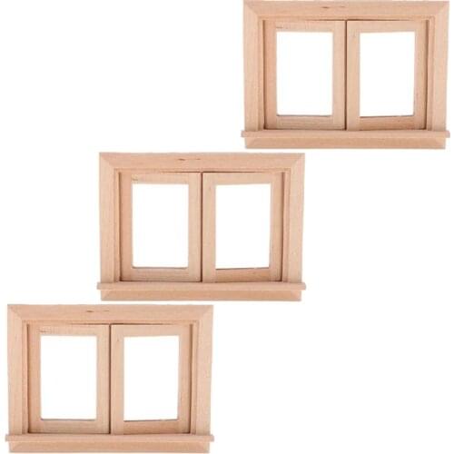3 Pieces Retro 1/12 Dollhouse DIY Accessories Unpainted 2-Pane Window Frame Room Decoration Kids Pretend Play