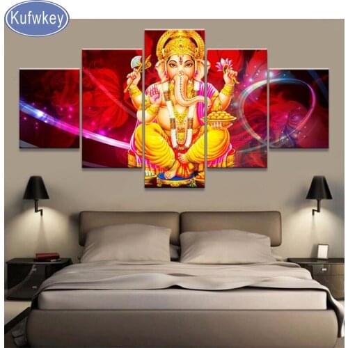Diamond painting,5 Panels India Lord God Ganesh Lord,mosaic full embroidery round square,cross stitch pictures,home Decoration