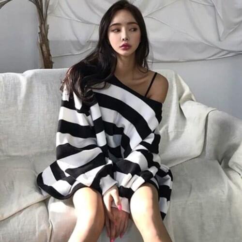 Bella Philosophy Wonder Streetwear Casual Sexy Black Striped ho'o'de'r Female Cute Japan Tops Long Off Shoulder Oversized