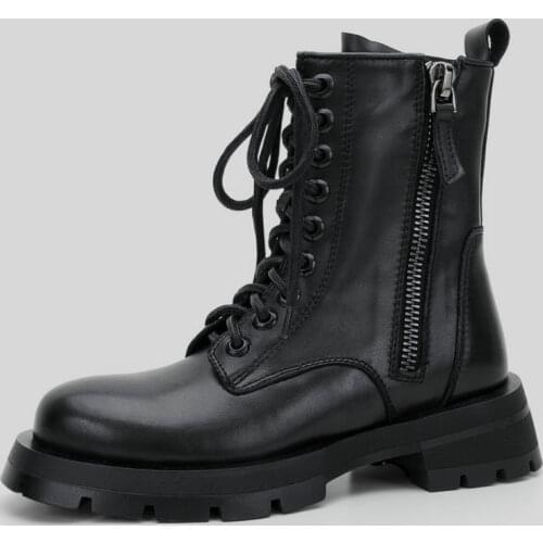 Autumn Winter Genuine Leather Ankle Boots for Women Black Platform Boots Female Shoes Lace Up Combat Boot