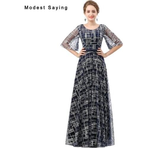 Elegant Navy Blue A-Line Half Sleeves Sparkly Evening Dresses 2017 Lace Up Back Formal Long Party Prom Gowns vestido de festa