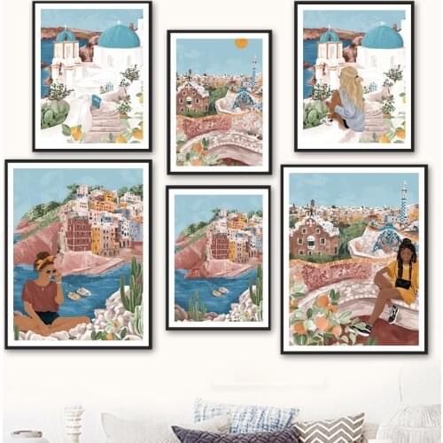 Greece Aegean Sea Girl Plant illustration Wall Art Canvas Painting Nordic Posters And Prints Wall Pictures For Living Room Decor