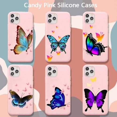 Beautiful Butterfly Phone Case for iPhone 8 7 6 6S Plus X 5S SE 2020 XR 11 12 Pro mini pro XS MAX Matte Candy Pink Silicone Case