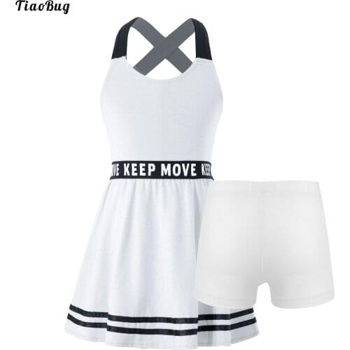 TiaoBug Summer 2Pcs Kids Girls Sport Dress Straps Cross At Rear Sleeveless Letters Print A-Line Dress With Shorts Set