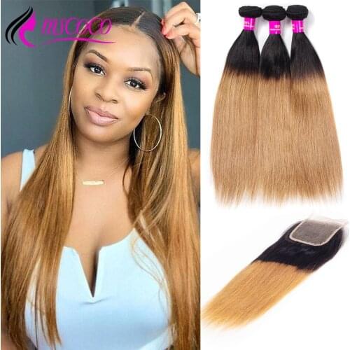 Mscoco Hair 3 Bundles with Closure 1B 27 Honey Blonde Bundles with Lace Closure 100g/pc Ombre Straight Remy Human Hair Weave