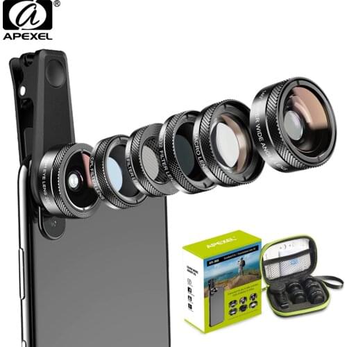 APEXEL 6 in 1 Phone Camera Lens Fisheye Lens Wide Angle macro Lens CPL Star Filter ND32 Fliter for Samsung Huawei allsmartphones