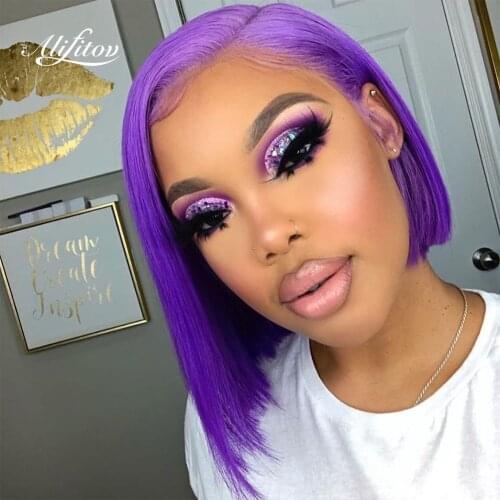 ALIFITOV Bright Purple Lace Front Human Hair Wigs Short Bob Wig With Baby Hair Transparent Lace Wigs For Women
