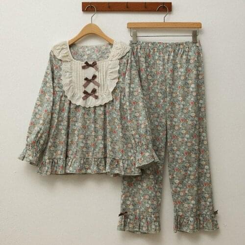 Fdfklak Vintage Floral 100% Cotton Pajamas For Women Loungewear Autumn Pijama Korean New Home Suit Soft Female Sleepwear