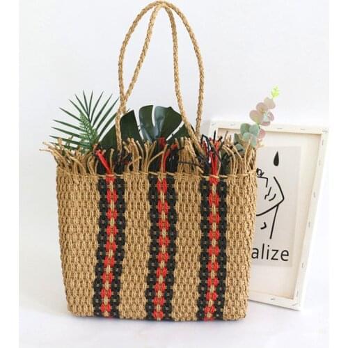 Simple Vertical Stripe Tote Bags for Women Net Pattern Fashion Shoulder Bag Beach Straw Woven Purses and Handbags Casual Tote