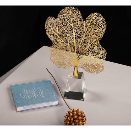 Luxurious Gold Leaves Statues Sculptures Trapezoid Crystal Decor Crafts Gifts Figurines Desktop Home Decoration Accessories Gift