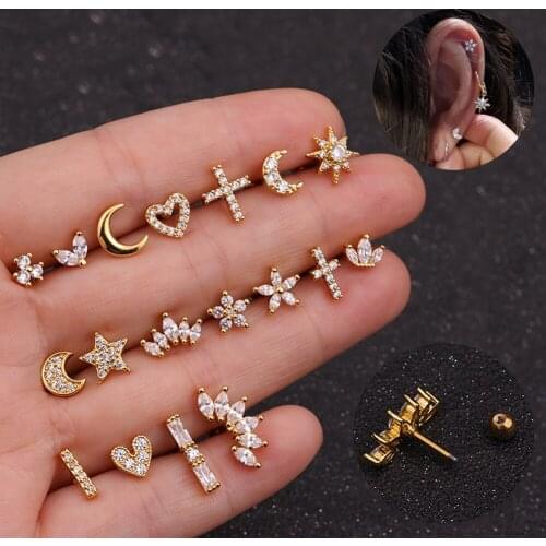 New Fashion Punk Rock Gold Color CZ Stud Piercing Moon Star Cartilage Earring Tragus Stud Helix Cartilage Piercing Jewelr