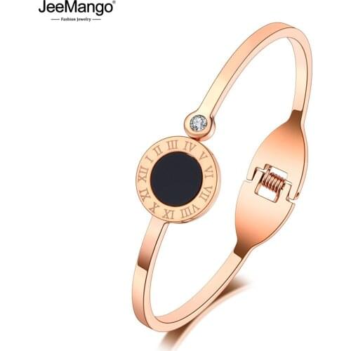 JeeMango Trendy Roman Numerals Charm Cuff Bangles For Women Rhinestone Titanium Stainless Steel Wedding Bracelets JB20187