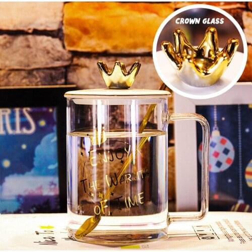 450ml Crown Theme Glass Coffee Mugs Fashion Cup With Lid Spoon Gift Box Body Cover Heat Resistant Transparent Mugs Cup New