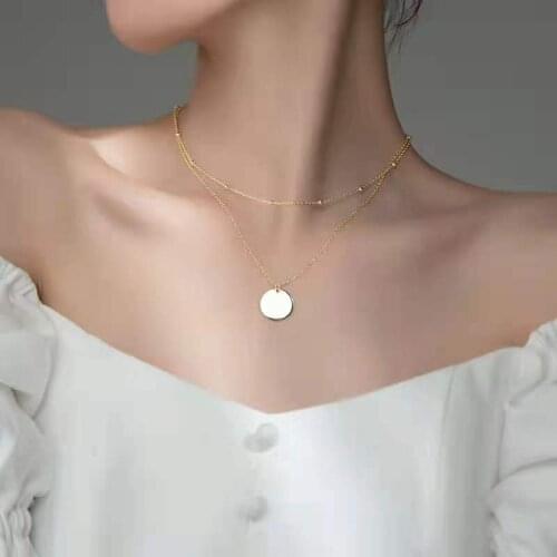 Stylish 925 Silver Necklace Double Layer Pendant Round Piece Choker For Women Valentines Day Fine Jewelry NK076