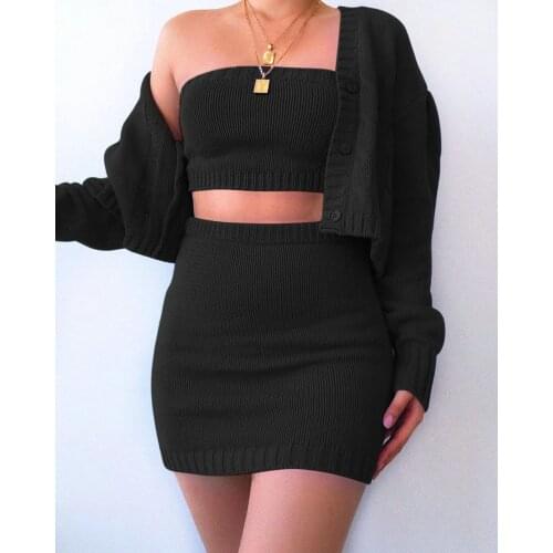 Women Fashion Casual 3 Piece Set Sweater Tube Top Long Sleeve Jacket Coat Bodycon Mini Skirt Female Sexy Dress Suit