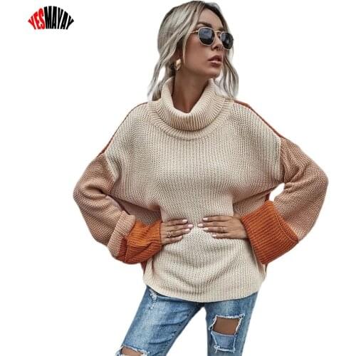 Turtleneck Women Sweater Woman Patchwork Knitted Pullover Tops Femme Autumn Winter Clothes Loose Sweater Mujer 2021 Jumper