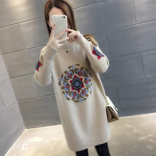 2021 Spring Autumn Women Mid-length Knitted Pullover Sweater Pull Female O Neck Long Sleeve Embroidery Sweater Jumper Women Tops