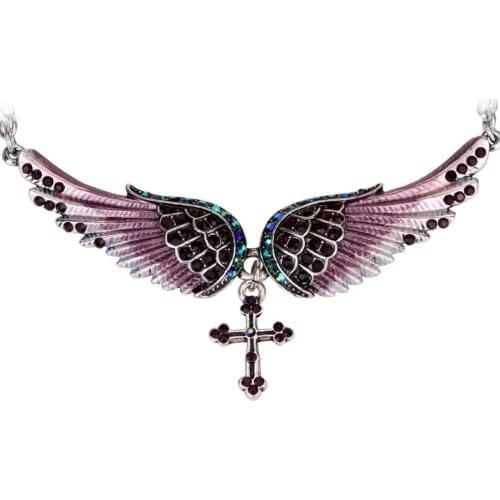 Angel Wing Cross Necklace Women Biker Jewelry Gifts Crystal Adjustable Antique Wholesale dropshipping Sweater Chain