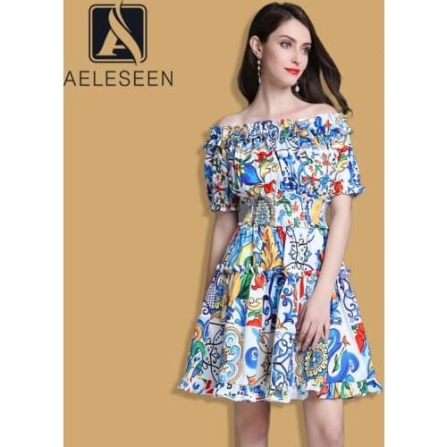 AELESEEN Runway Fashion Women Dress 2020 Spring Summer Puff Sleeve Waist Elastic Paocelain Party Holiday Dress Vestidos