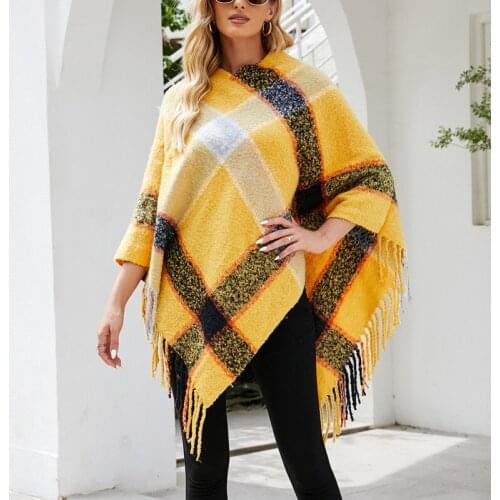 Tassel Poncho for Women 2021 Autumn Winter New Imitation Cashmere Striped Cloak Knitted Fringe Scarf Shawl Lady Pullover Sweater