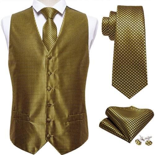 4PC Mens Extra Silk Suit Vest Party Wedding Gold Solid Floral Waistcoat Vest Pocket Square Tie Suit Set Barry.Wang BM-2030