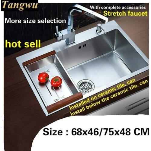 Free shipping Apartment luxurious kitchen sink single slot manual 304 stainless steel 4 mm thick and durable 68x46 / 75x48 CM