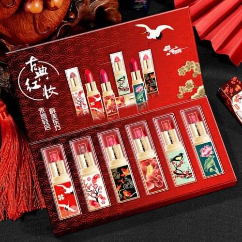 Exquisite matte Chinese style lipstick gift set box lasting moisturizing nourishing lipstick cosmetics easy to apply 6pcs/set
