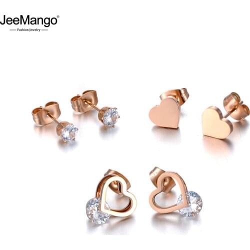 JeeMango 3Pair/Set Stainless Steel CZ Crystal & LOVE Heart Earrings For Women Trendy Party Earrings For Christmas Gift JE19286
