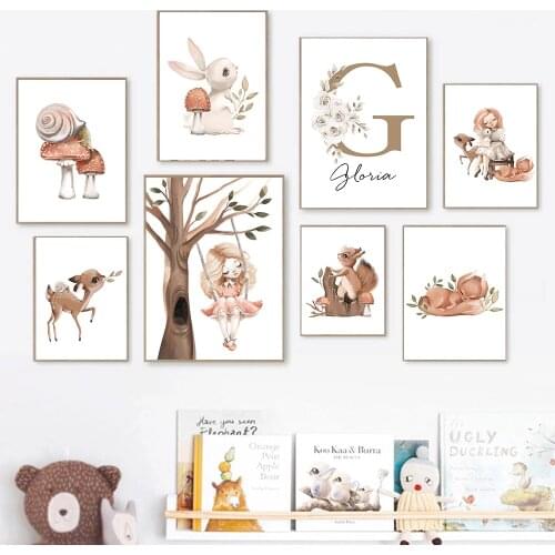 Canvas Painting Custom Baby Name Poster Personalized Girl Wall Art Print Cartoon Deer Fox Pictures Room Decoration Home Decor