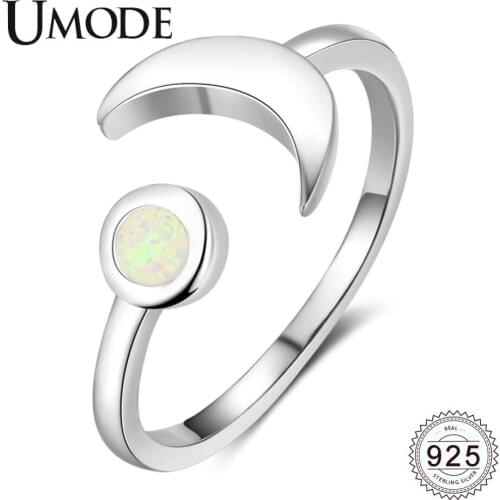 UMODE Trendy Moon 925 Sterling Silver Rings White Natural Round 2mm Opal Adjustable Ring for Women Romantic Fine Jewelry ULR0709