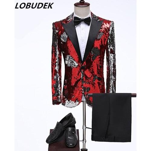 Red Gold Black Sequins Blazers Pants 2 Pieces Fashion Men Slim Suit Stage Costume Singer Host Nightclub Formal Prom Suits S-3XL