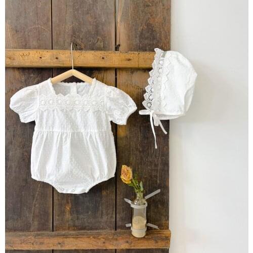 Lace Romper Newborn Baby Girl Clothes Cotton Short Sleeve Bodysuit Infant Solid Summer Casual Jumpsuit Clothes Set with Hat