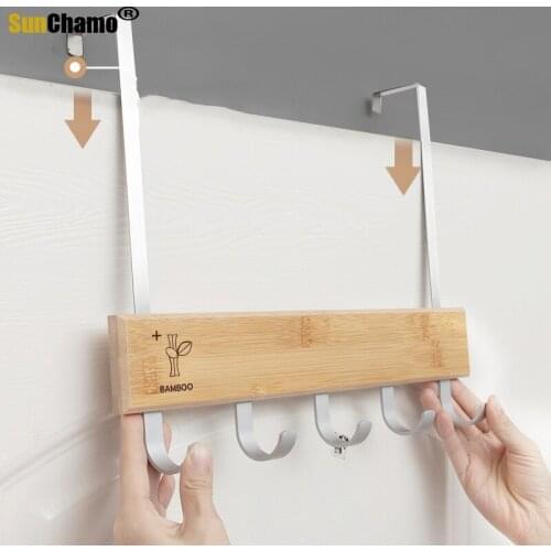 Kitchen Storage Hook Bamboo Door Hook Frame Free Hole Wall Hook Towel Rack Key Holder Organizer Bathroom/Kitchen Accessories