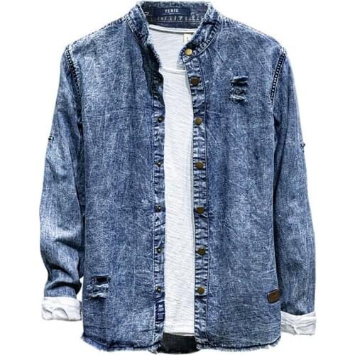 Suehaiwes brand Italy cotton denim shirt men autumn and spring blue solid shirts for men casual comfortable shirt mens camisa