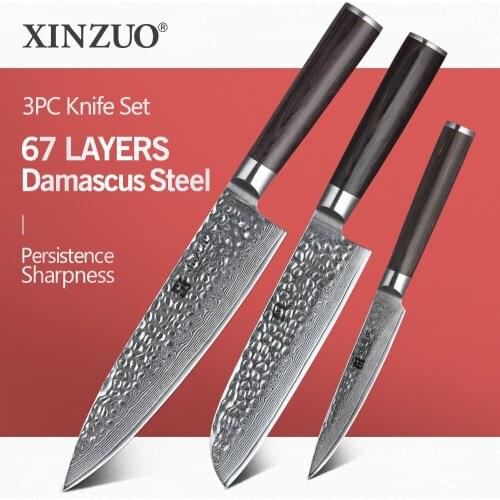 XINZUO 3 PCS Chinese Kitchen Knives Sets Damascus Stainless Steel Knife Chef Santoku Utility Knife Kitchen Tool Pakkawood Handle