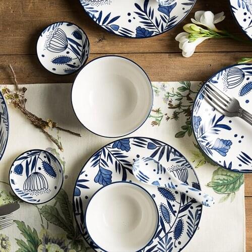 Ceramic dishes and plates sets creative floral printed pigmented rice bowls noodles soup bowl steak plate spoon ins popular