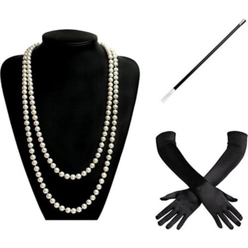 New 1920s Charleston Flapper Girl Costume Set Fancy Dress Imitation Pearl Bead Necklace Long Black Gloves Cigarette Holder for