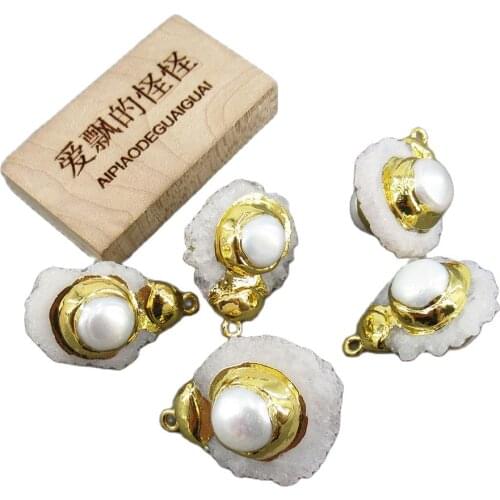 APDGG 5PC Natural Clear Quartz Freedom White Pearl Connector Pendant For Necklace Pendant Jewelry DIY