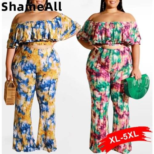 Plus Size Ruffles Cover Ups and Flare Pants 2 Two Pieces Sets 4XL Summer Short Crop Tops Skinny Bell Bottoms Suits Club Outfits