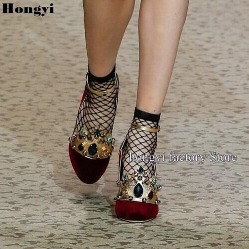 Luxury Jewel Red Suede Leather Vintage Design Crystal Block Heeled Ankle Wrap Women Sandals With Rivet pumps