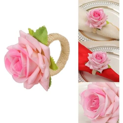 Handmade Flower Napkin Rings Faux Pink Rose Napkin Ring Serviette Buckles Holder for Table Decoration, Wedding