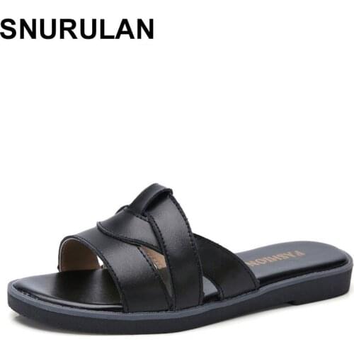 SNURULAN2020Summer Leather Word Slippers Female Solid Simple Womens Flats Slippers Outdoor Beach Soft Bottom Zapatillas Mujer