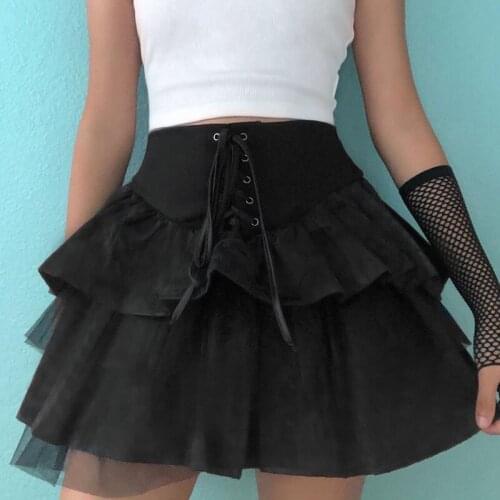 Mall Goth Y2K Lace-up High Waist Ruffles Skirts Punk Aesthetics Bandage A-line Lace Trim Black Tutu Skirt E-girl Outfits