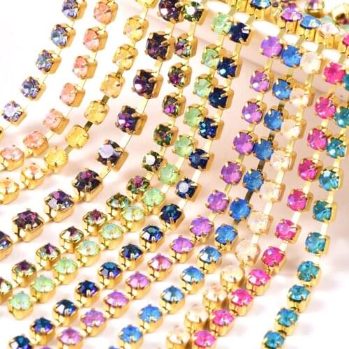 High Quality Mocha Neon Glass Rhinestones Chain стразы Colorful Crystal Strass Golden Base Sparse Claw Rhinestones Cup Chain A08