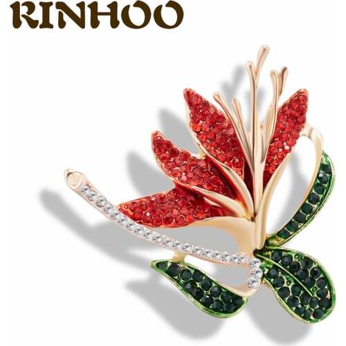 New Fashion Rhineatones Red Flower Brooches Leaf Bouquet Plant Enamel Brooch Pins Women Wedding Prom Party Jewelry Accessories
